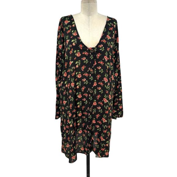 ASOS Floral Print Black Pink Green Button Front Mini Tunic‎ Dress Size US 12 - Picture 1 of 12